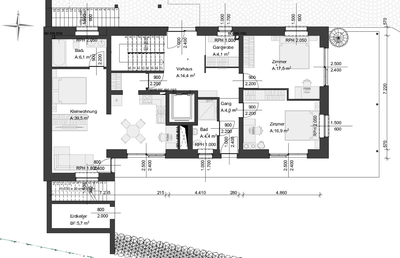 Floor plan of an apartment: small unit with two rooms, bathroom, kitchen, wardrobe, and corridor.
