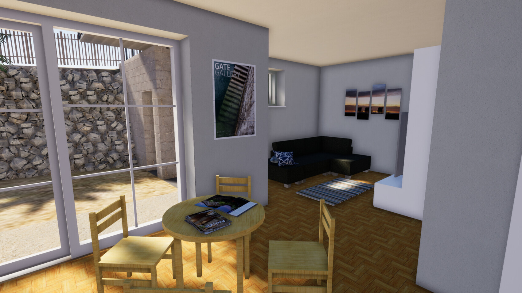 Bright living space with round wooden table, chairs, black corner sofa, and picture wall; view outside.