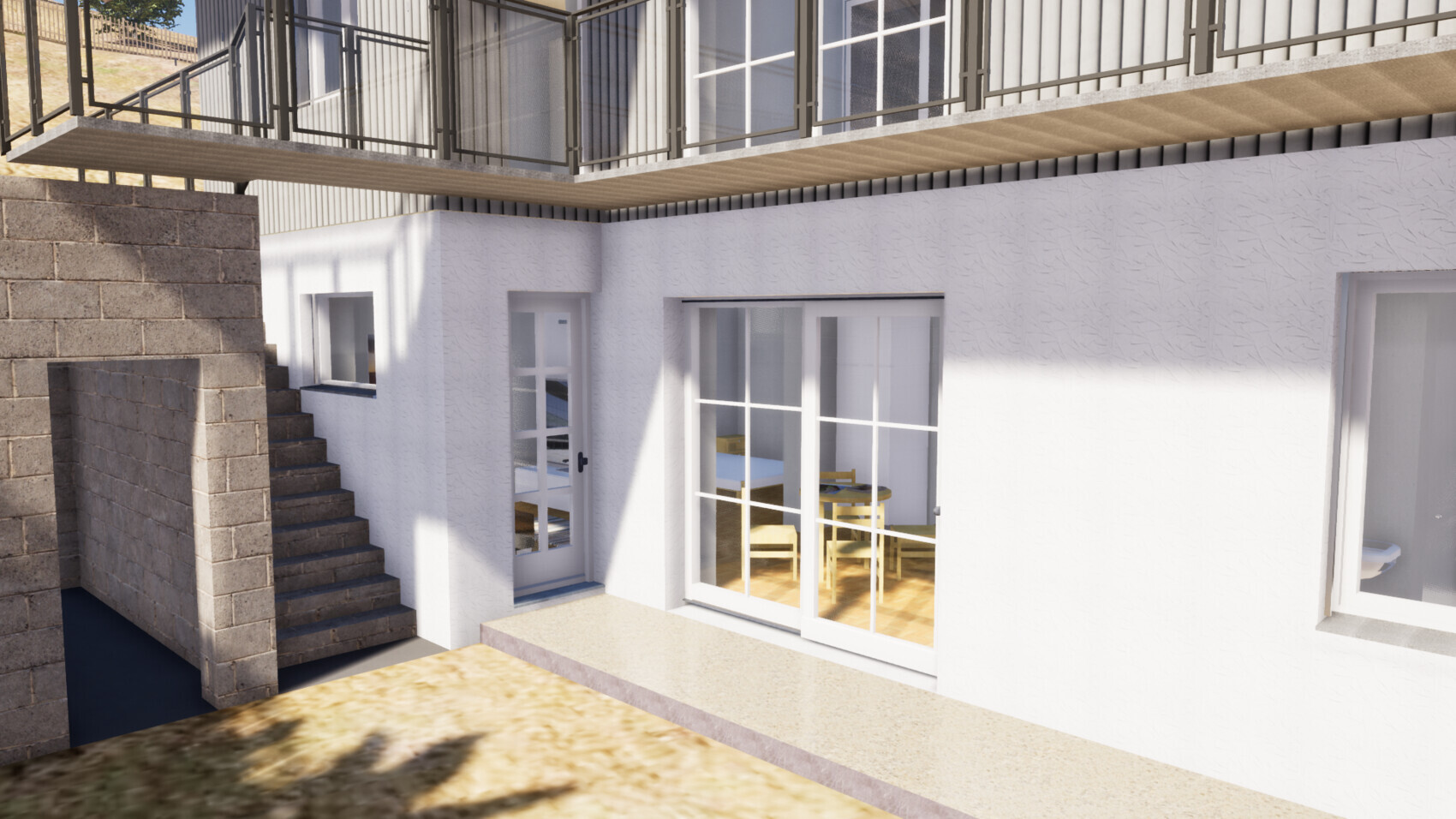Exterior view of a white house with terrace, steps, balcony, and large glass windows.
