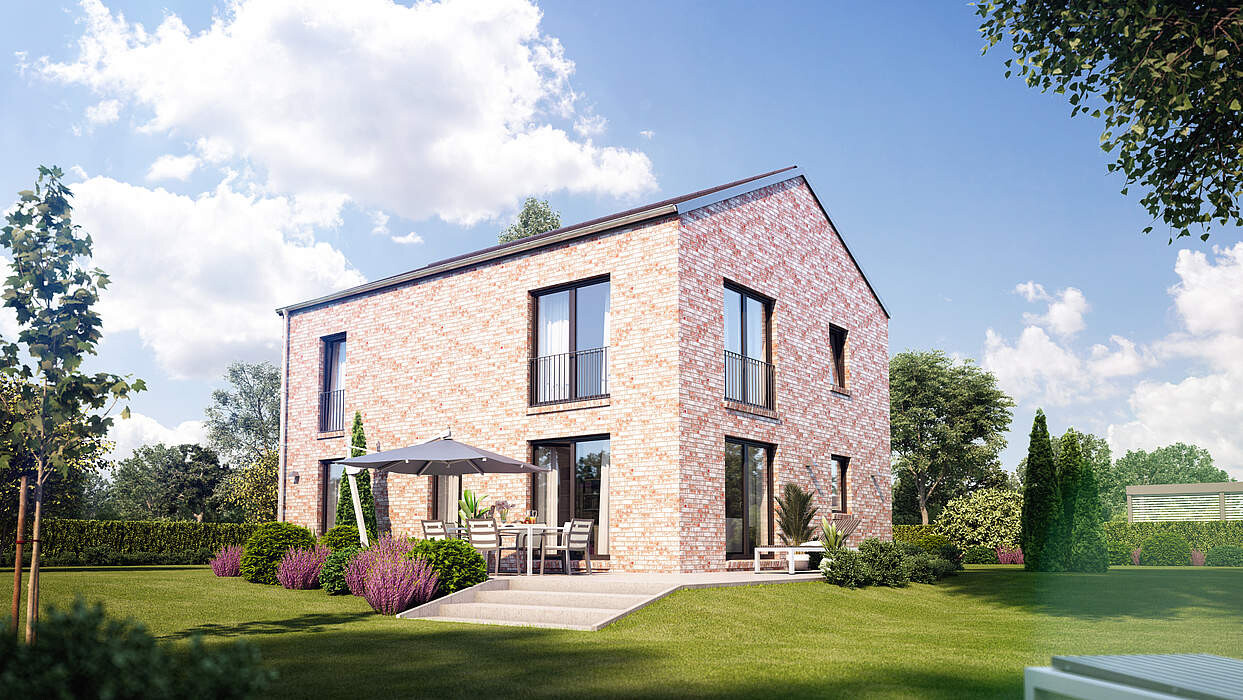 Modern two-story brick house with terrace, dining table under sunshade, garden.