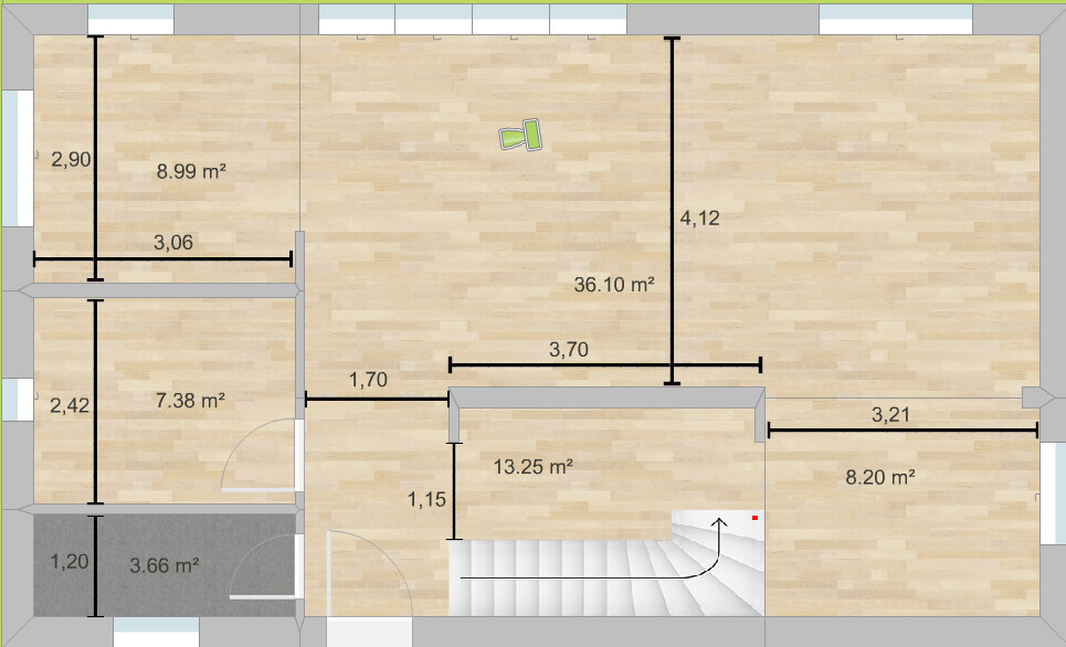 Floor plan of a house with several rooms on a wooden floor; area in m², staircase.