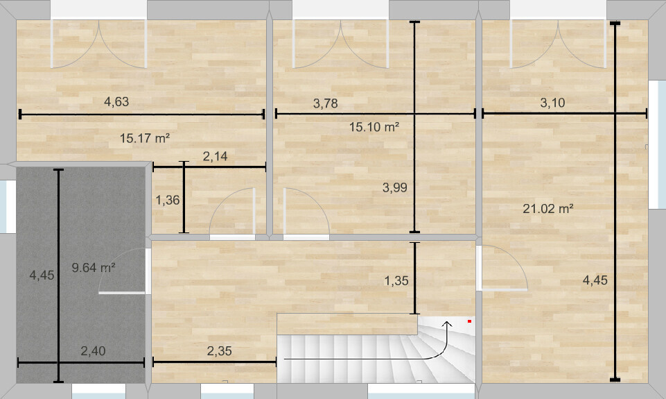Floor plan of an apartment with several rooms, doors, stairs, and area in m².