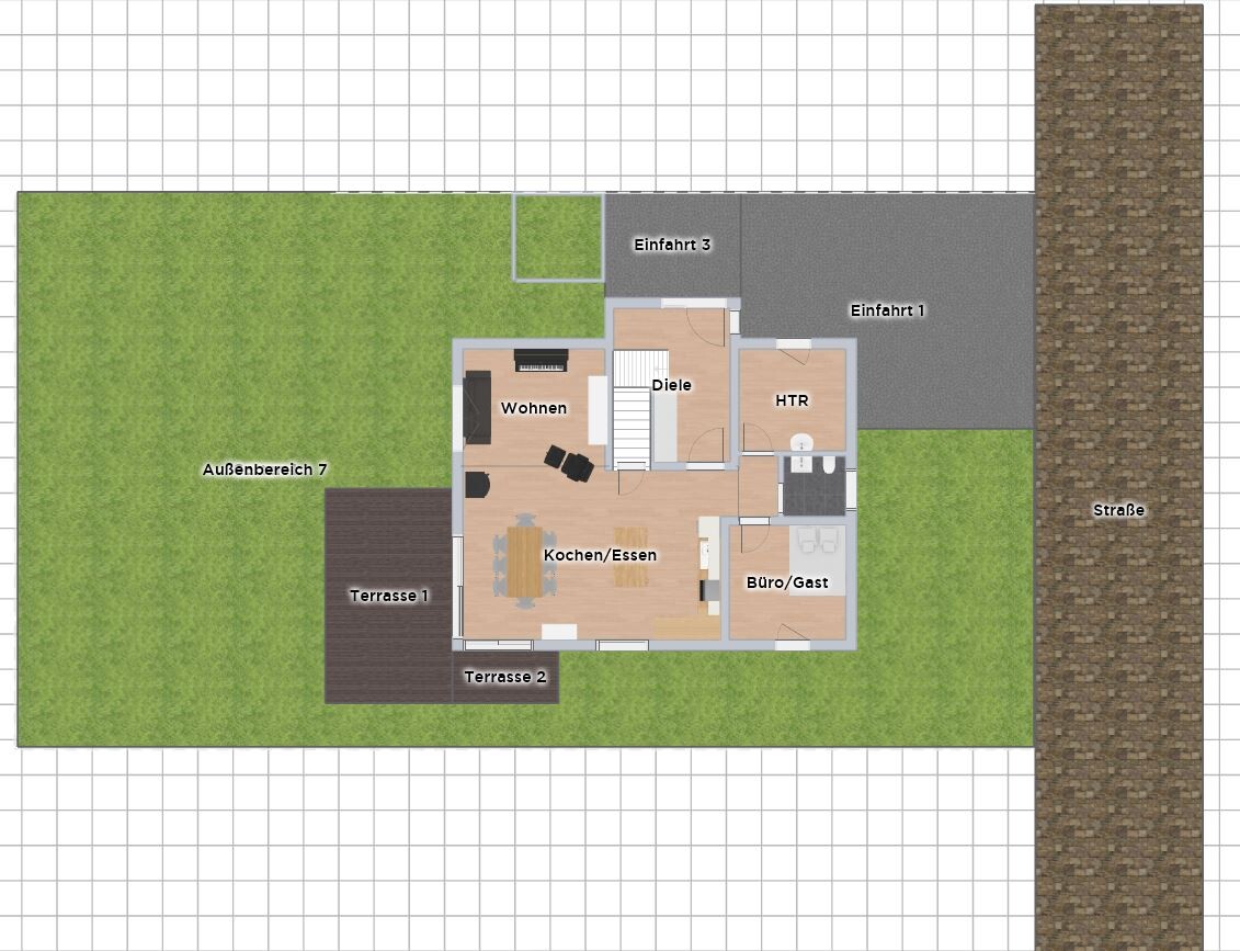 Floor plan of a house: living, cooking/dining, hallway, utility room, office/guest, terraces 1/2, outdoor area 7.