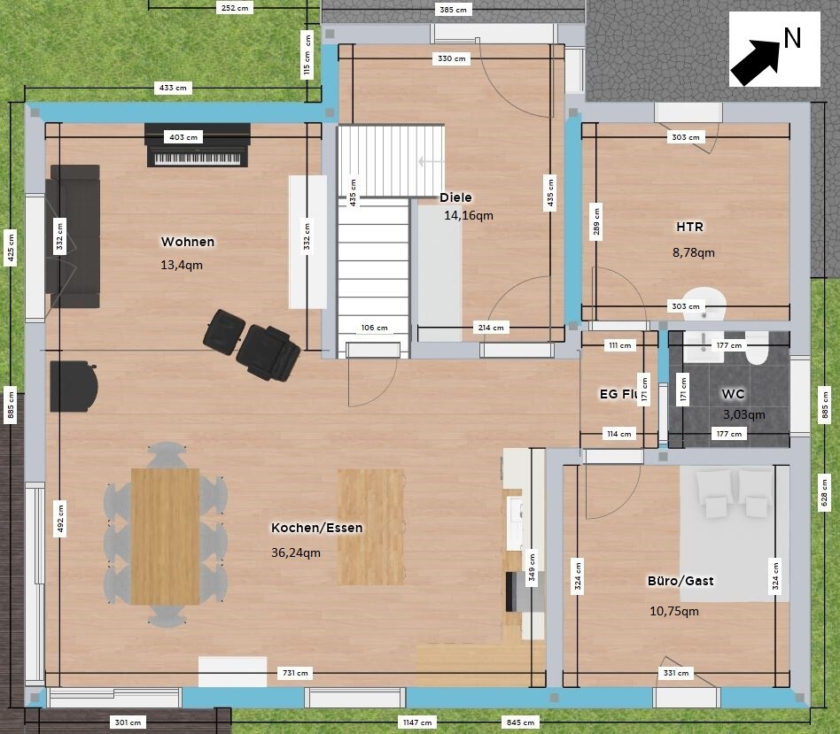 Floor plan of a house: with living, cooking/dining, hallway, WC, office/guest, technical room.