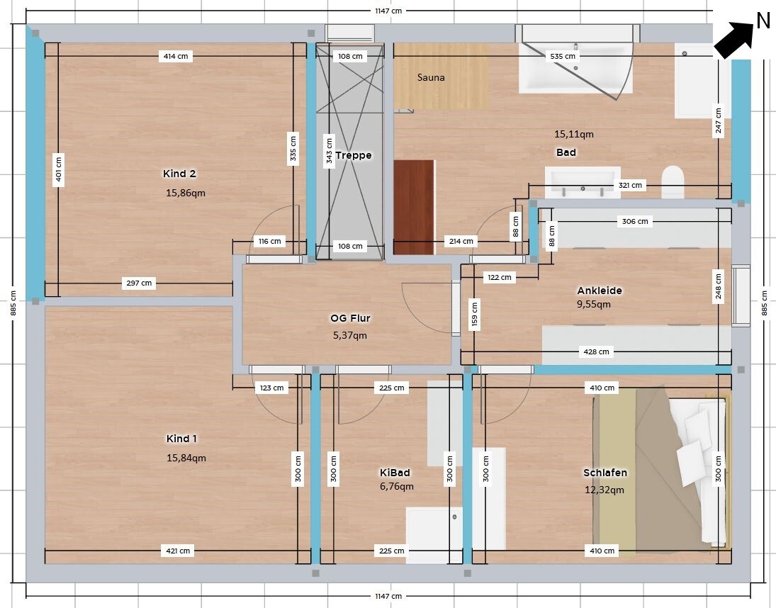 Upper floor plan: staircase, corridor, master bedroom, child 1, child 2, children’s bathroom, dressing room, sauna.