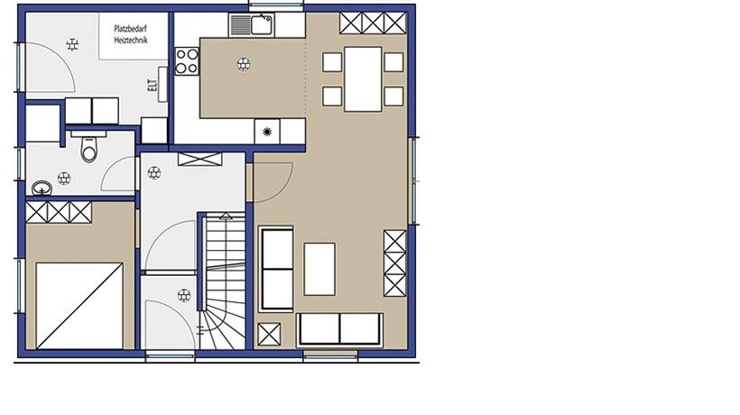 2D floor plan of a house with kitchen, dining area, living room and staircase