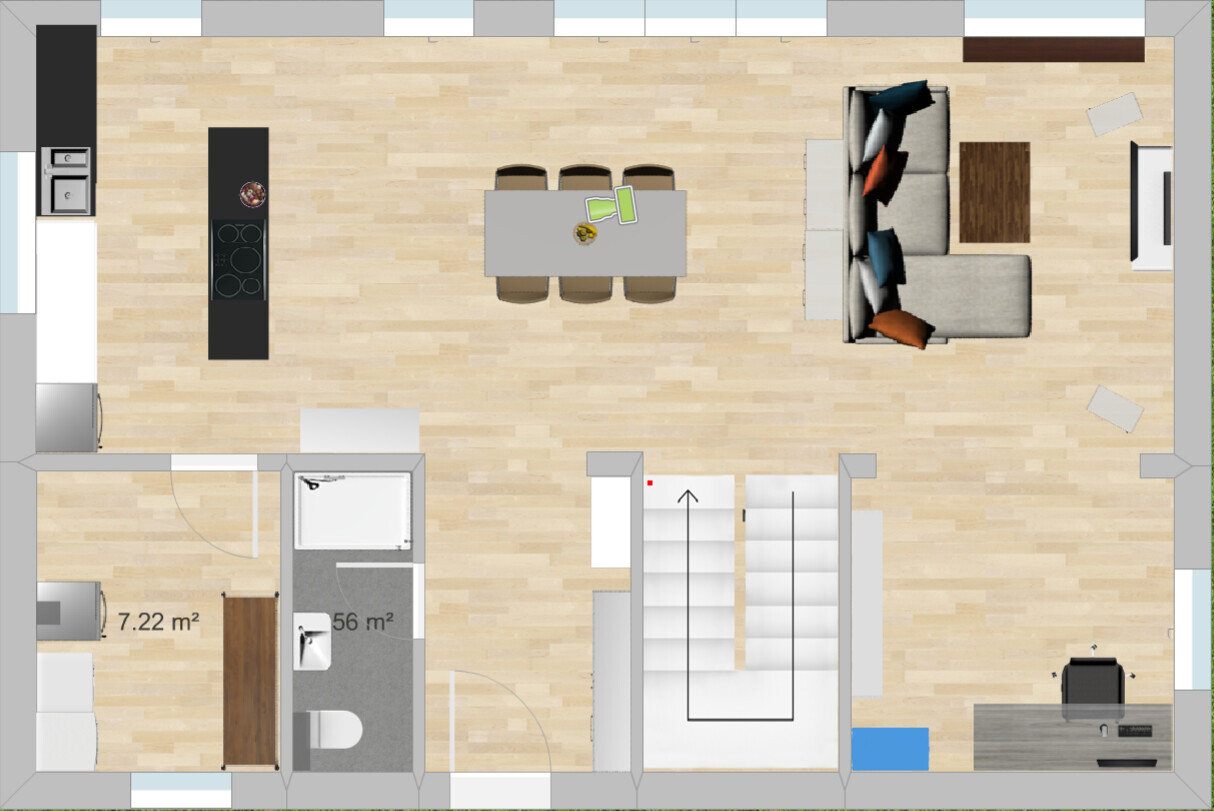 Top-Down-Grundriss eines offenen Wohnbereichs mit Küche, Esstisch, Sofa und Treppe.