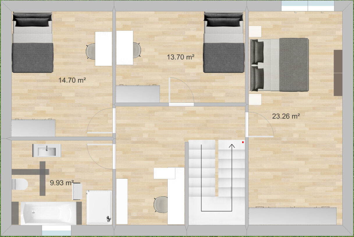 Grundriss eines Hauses mit drei Schlafzimmern, Bad, Küche, Treppe und Flur.