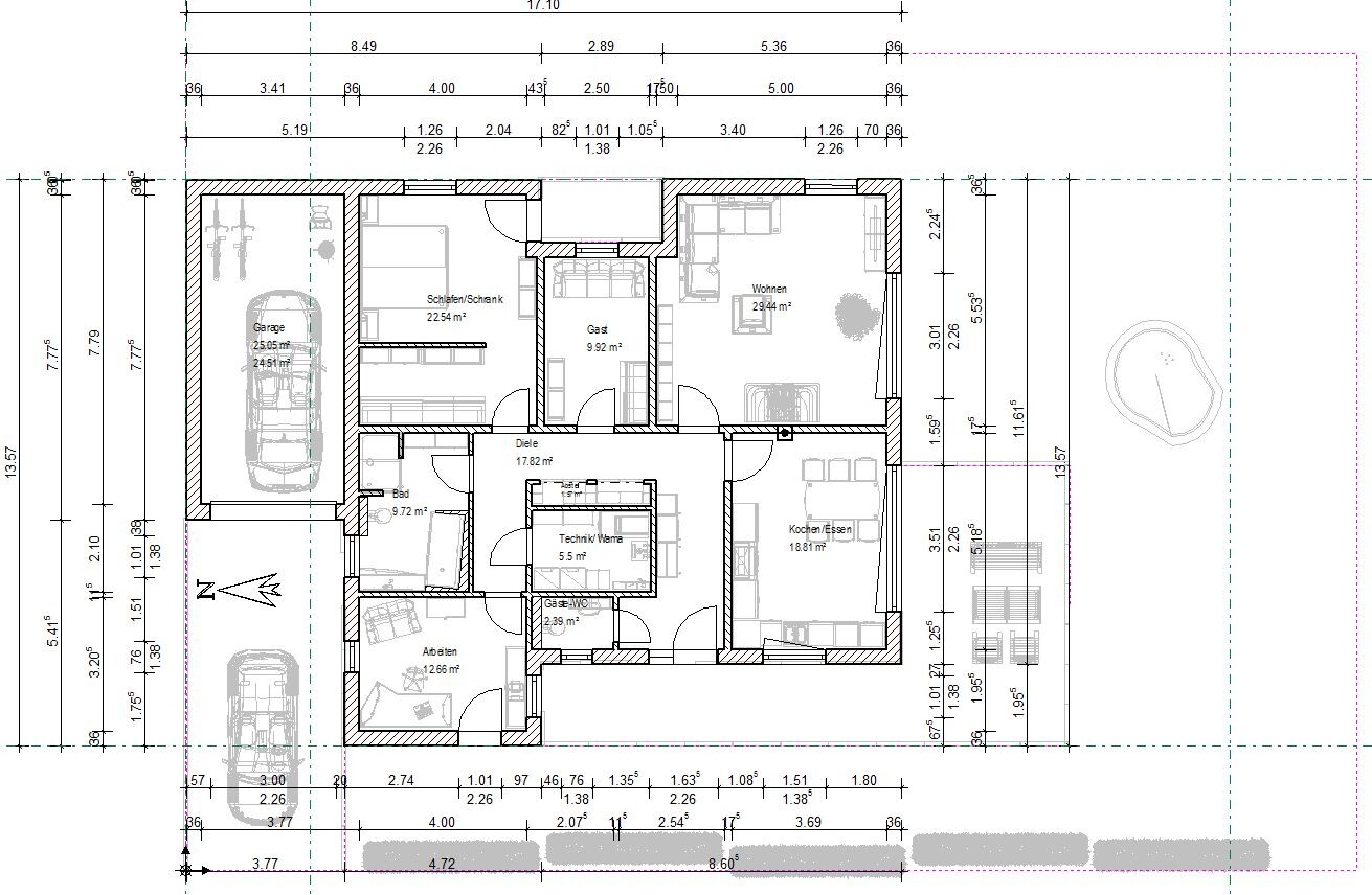 House floor plan: Garage, sleeping, guest, hallway, bathroom, office, kitchen/dining, living.