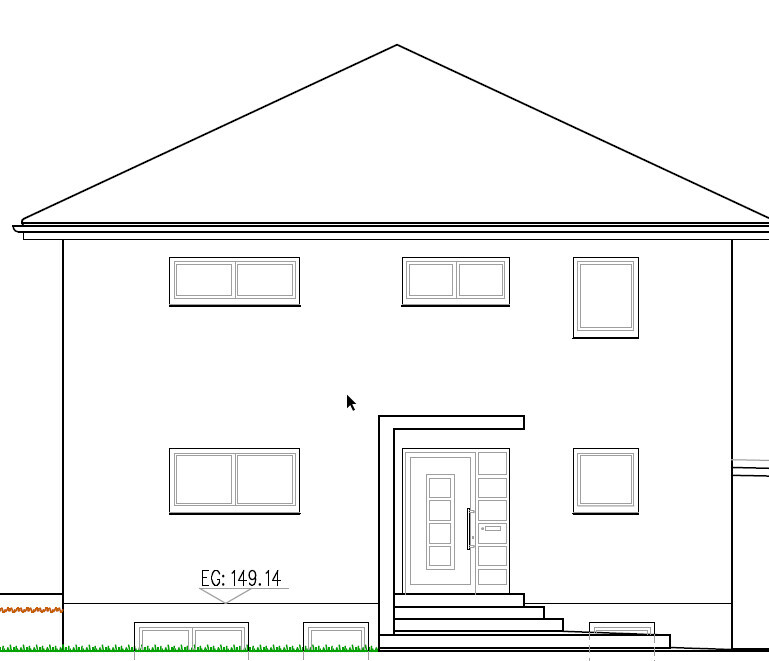 Front view of a two-story house with entrance stairs and windows