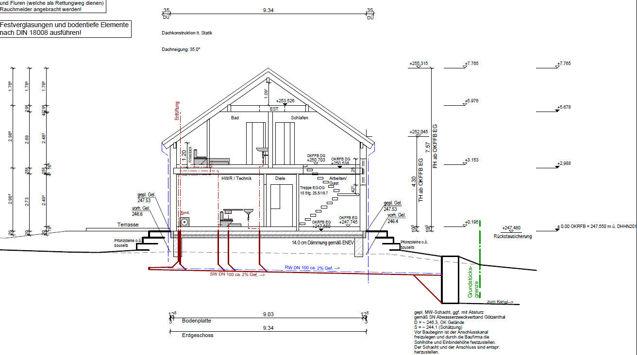 Cross-section drawing of a house with roof structure, ground floor, foundation and terrace
