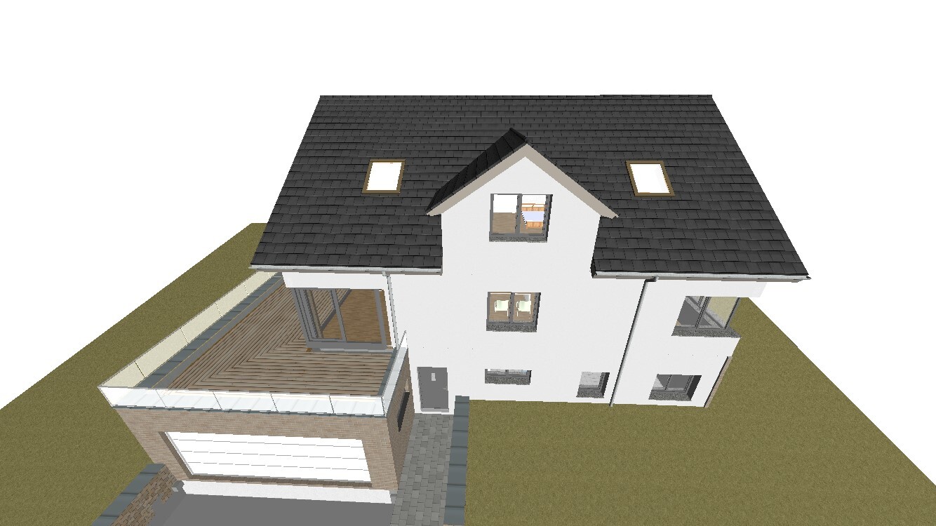 Modern two-story white villa with dark pitched roof, terrace, and garage.