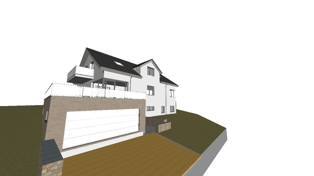 3D rendering of a multi-story house on a slope with garage and terrace.