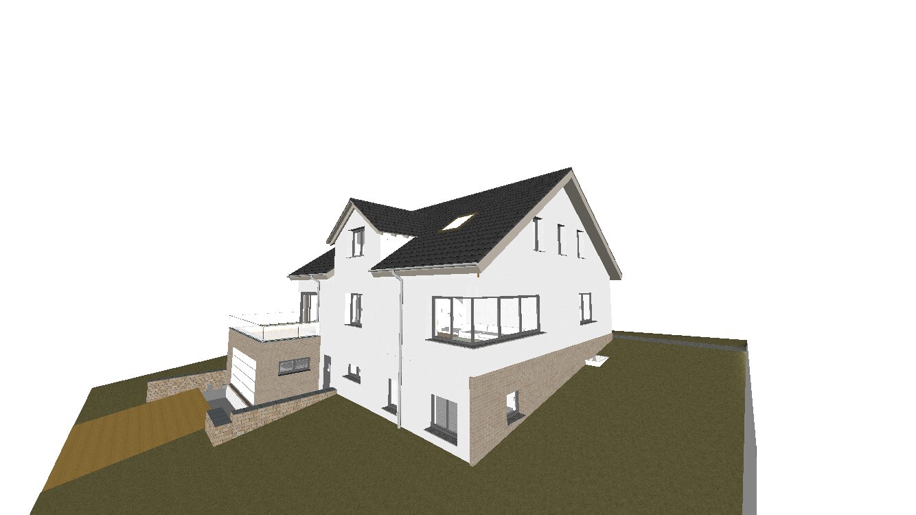 White, multi-story single-family house with dark pitched roof, terrace, and garage.