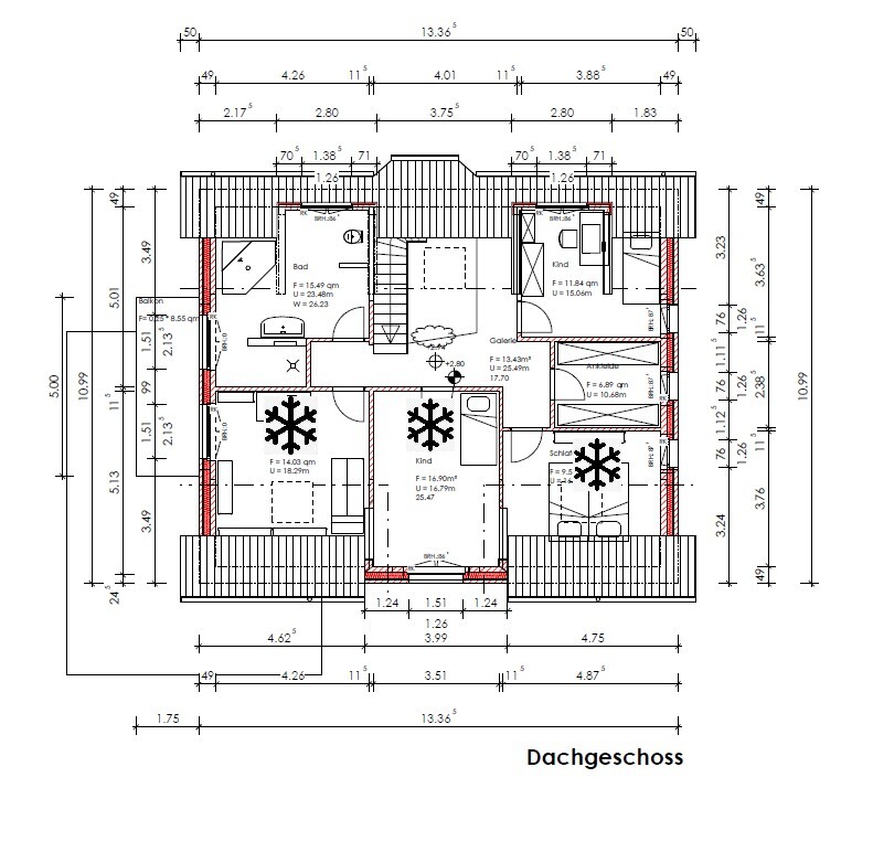Top floor plan: several rooms, bathroom, gallery, stairs, balconies.