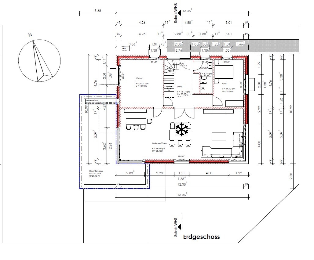 Ground floor plan: kitchen, living/dining area, entrance hall, guest room, terrace.