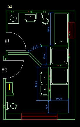 2D bathroom layout with shower, bathtub, sink, toilet, and door