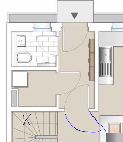 Floor plan of an apartment with bathroom, kitchen, hallway, stairs, and blue path marking.