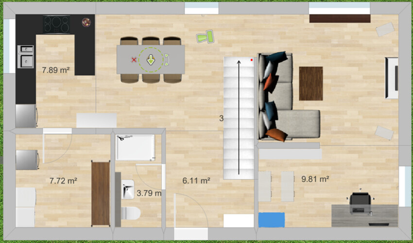 Floor plan of an apartment: kitchen with dining table, living room with sofa, work area, bathroom, hallway.