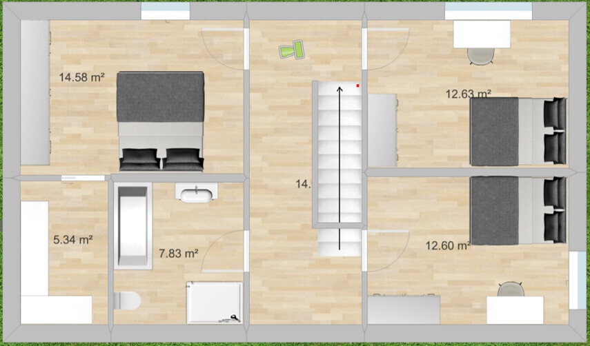 Floor plan of a house with central staircase, hallway, three bedrooms and bathroom.