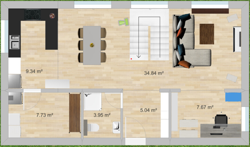 Floor plan: kitchen to the left, open dining/living area, staircase center, office bottom right.