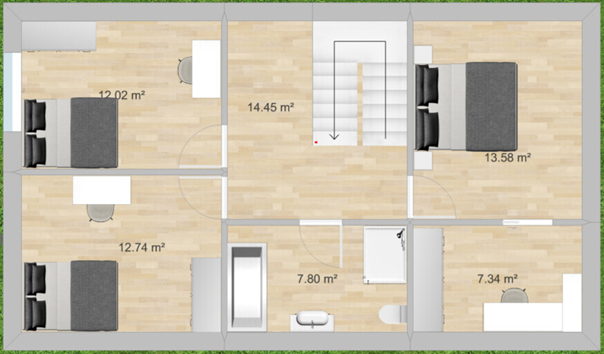Floor plan of an apartment with six rooms, central staircase, beds, table and bathroom.