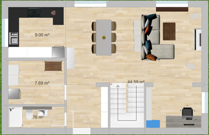 Floor plan of an apartment: kitchen, dining and living area, staircase in the middle, two adjacent rooms.