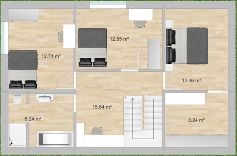 Floor plan of a house with several bedrooms, bathroom, hallway and staircase.