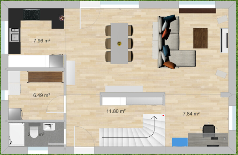 Floor plan of an open living, dining and kitchen area with dining table, sofa and staircase.