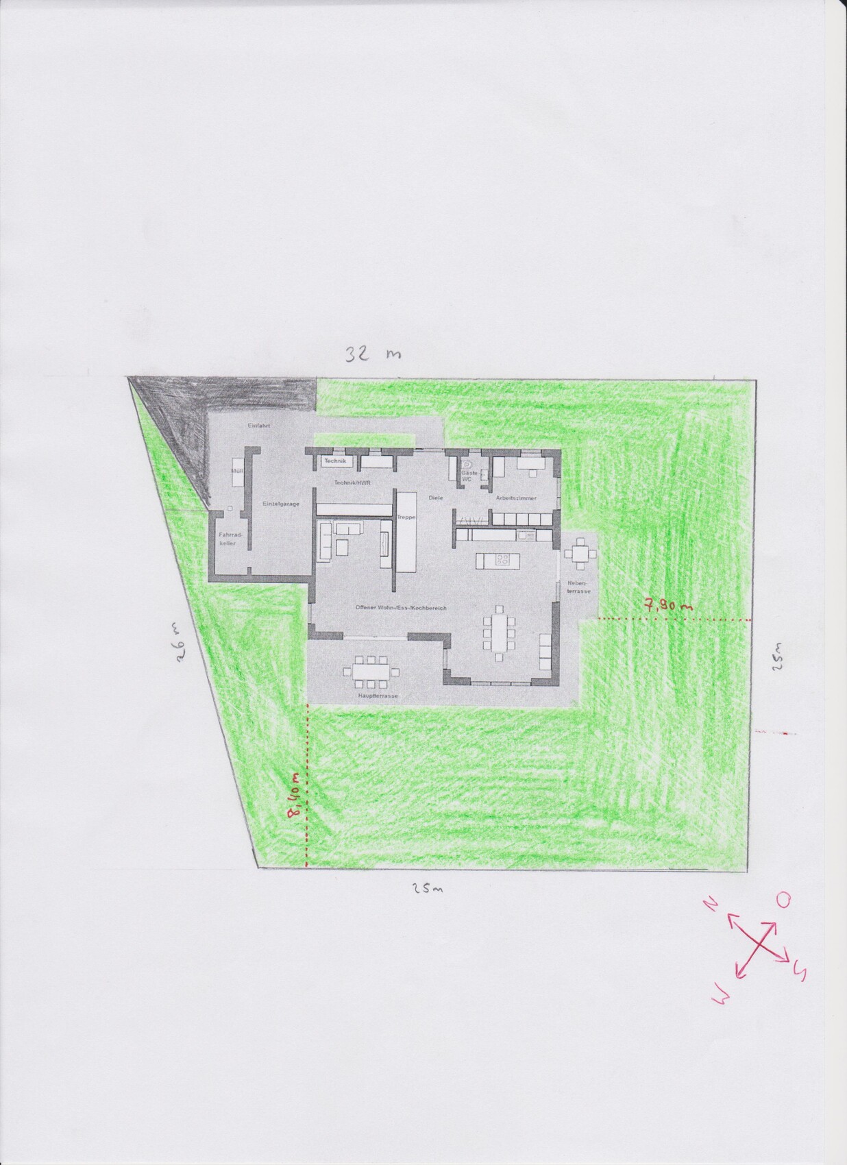 Floor plan of a house with surrounding garden, interior layout, and dimension lines.
