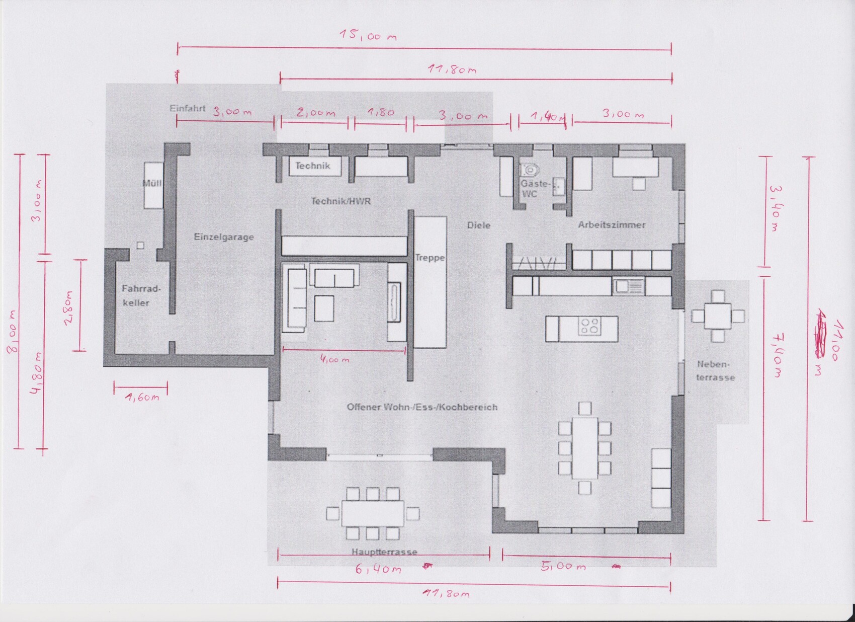 Floor plan of a house with open living/dining/kitchen area, study, terrace, and garage.