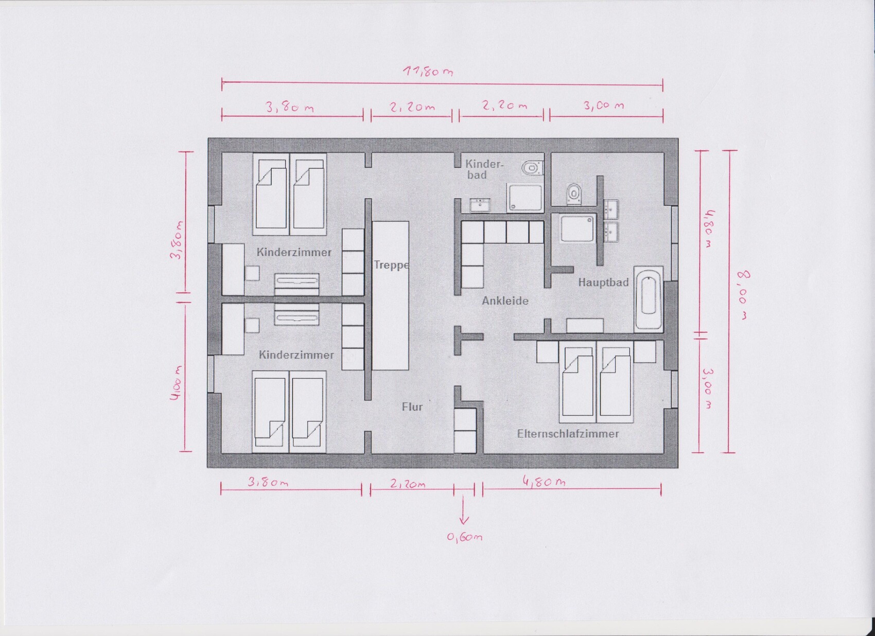 Floor plan of a house with children’s rooms, master bedroom, bathroom, dressing room, and staircase.