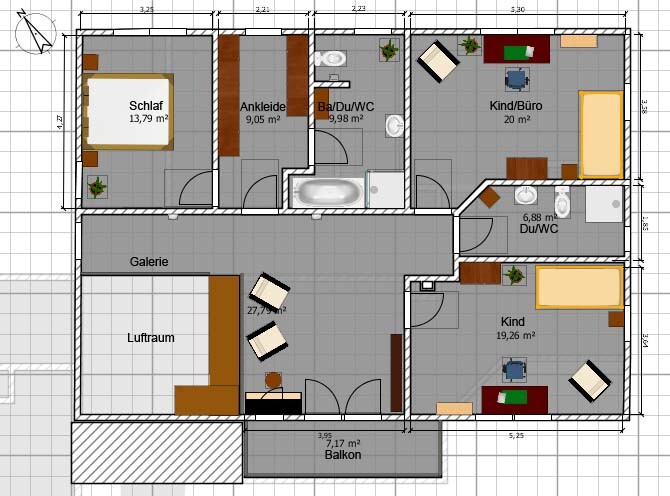 Grundriss eines Hauses mit Schlafzimmer, Ankleide, Bad, Kinderzimmer, Büro, Galerie und Balkon.