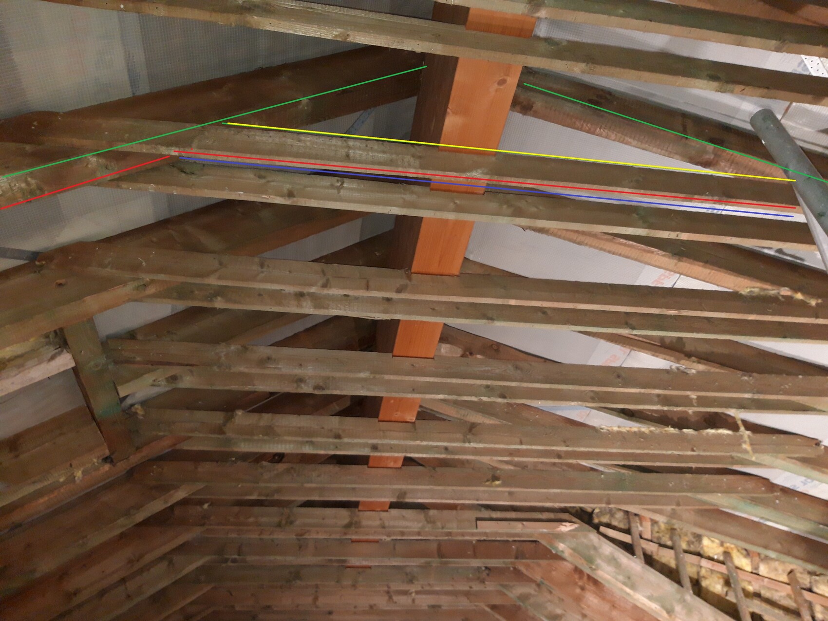 Dachboden mit Holz-Dachstuhl und Sparren; farbige Linien markieren Strukturlinien.