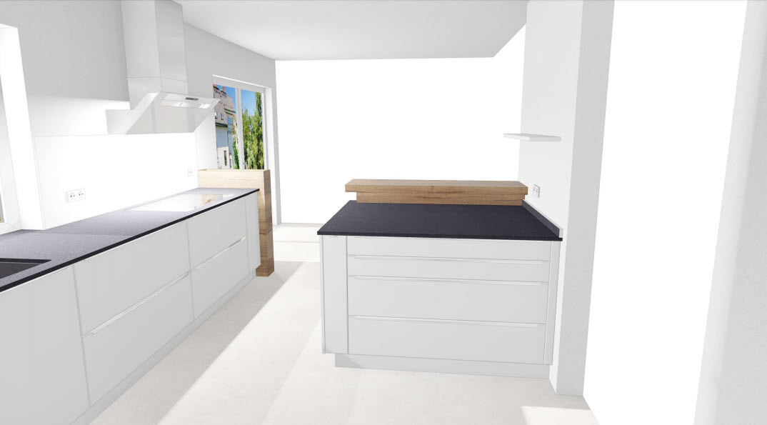 Moderne weiße Küche mit Insel, schwarzen Arbeitsplatten und Fenster zum Außenbereich.