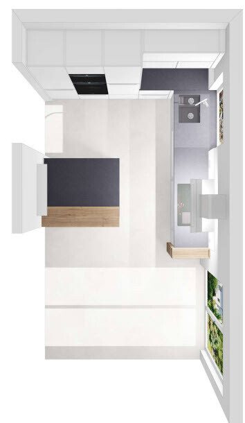 3D-Grundriss einer Wohnung: Küche rechts, Schlafzimmer links, offener Grundriss.