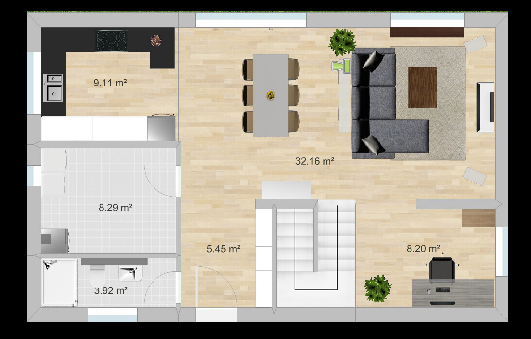 Grundriss einer Wohnung: Küche links, offener Wohn- und Essbereich, Treppe mittig.