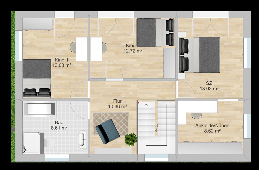 Top-Down-Grundriss eines Hauses: Flur, Bad, SZ, zwei Kinderzimmer und Ankleide/Nähen