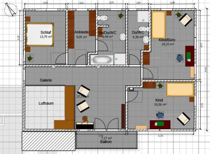 Grundriss eines Hauses mit Schlaf, Ankleide, Bad/WC, Kind/Büro, Kind, Galerie und Balkon.