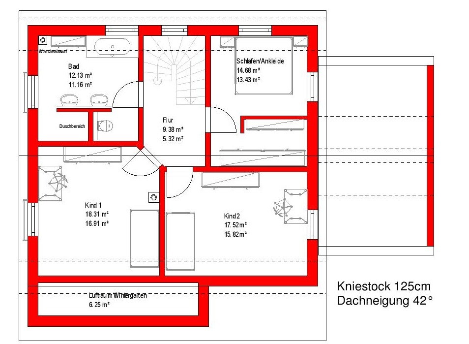 Attic floor plan: bathroom, sleeping/dressing, hallway, child 1, child 2, conservatory.