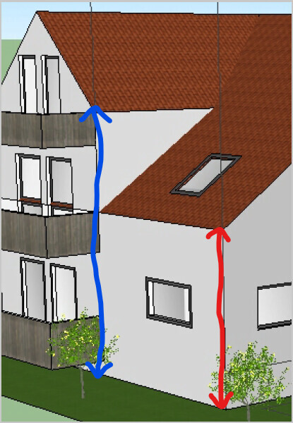 3D view of a modern house with a red tiled roof, balconies, and large windows