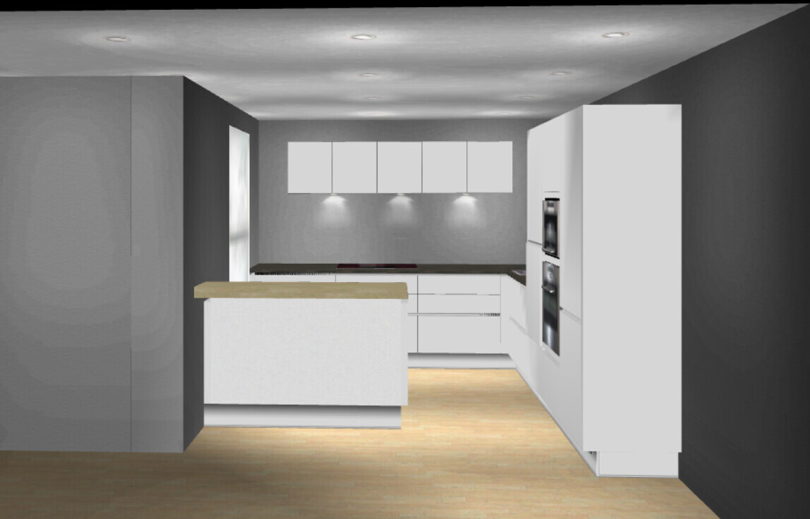 Modern kitchen: white fronts, island with wood countertop, ovens on the right, wood flooring.