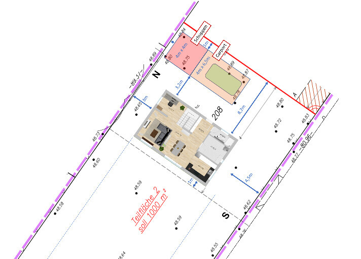 Floor plan of a plot with an interior view of an open living area (living room/kitchen).