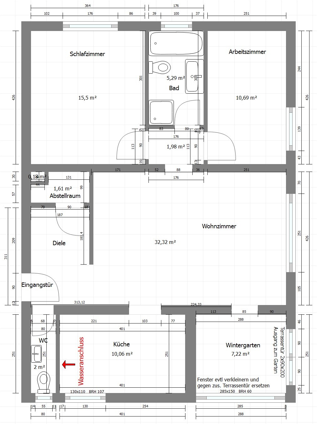 Floor plan of an apartment: living room, kitchen, conservatory, bedroom, bathroom, and hallway.