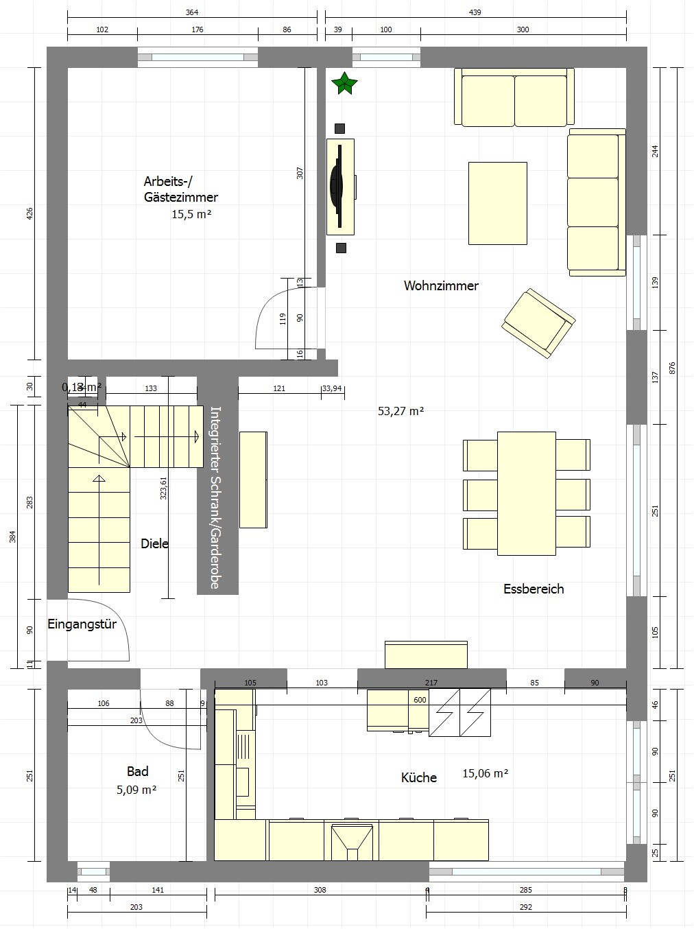 Floor plan of an apartment: living room, dining area, kitchen, bathroom, office/guest room.