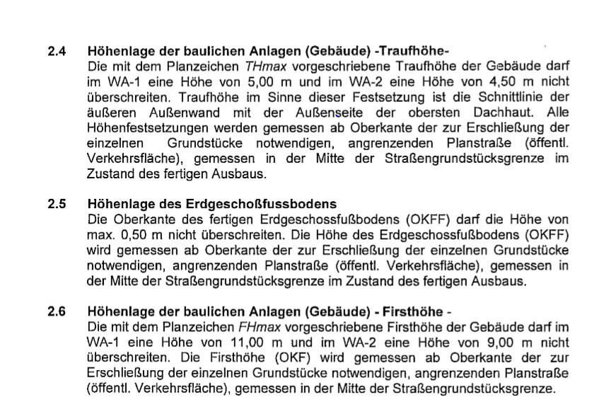 Dokument mit Höhenangaben zu Traufhöhe und Firsthöhe im Bauwesen.