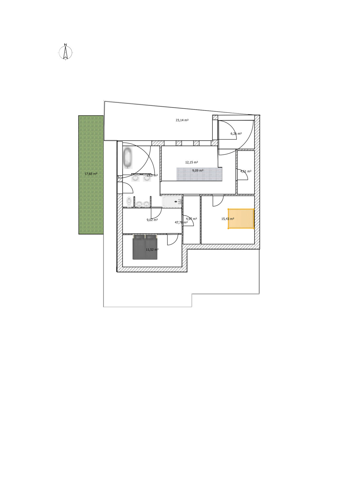 Floor plan of a house: several rooms, bedroom with orange bed, garden to the left.