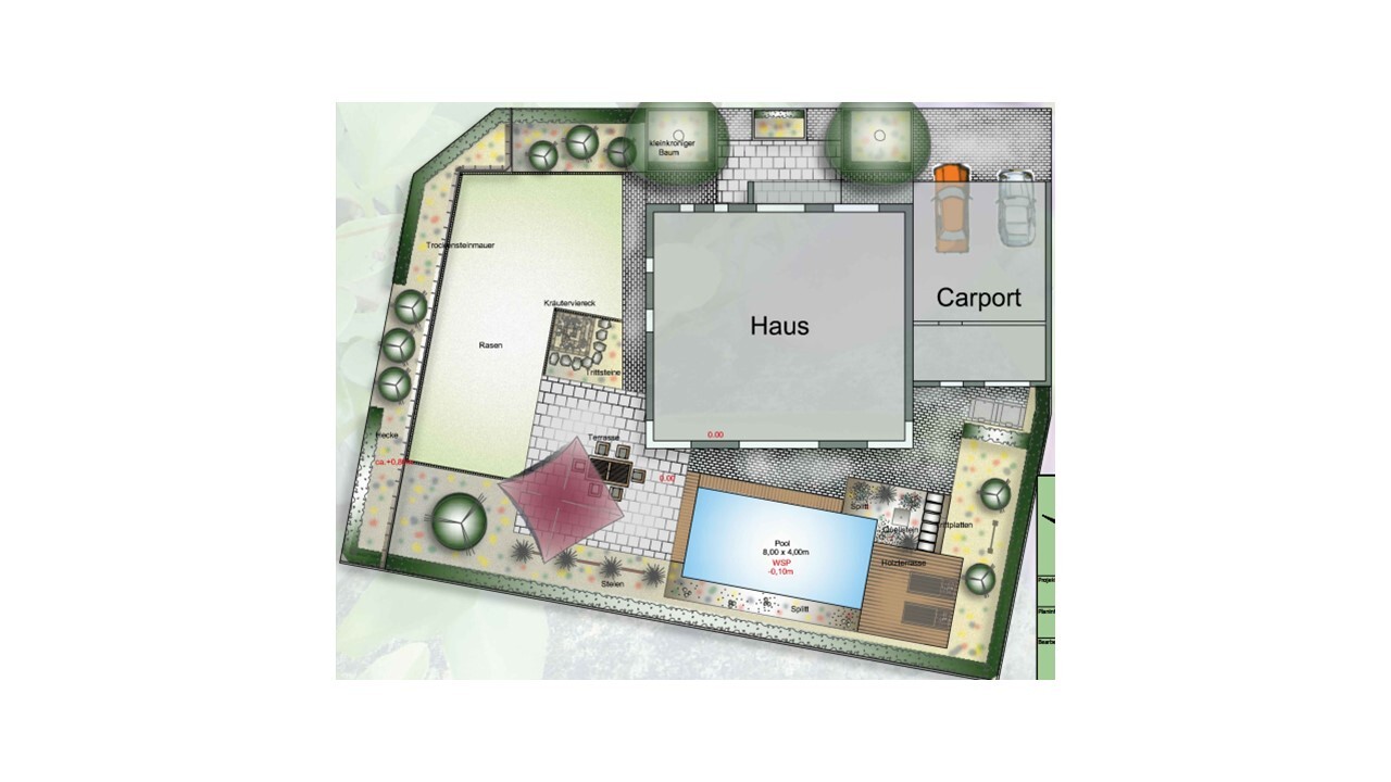 Site plan: House with carport, garden, terrace, pool, and trees.