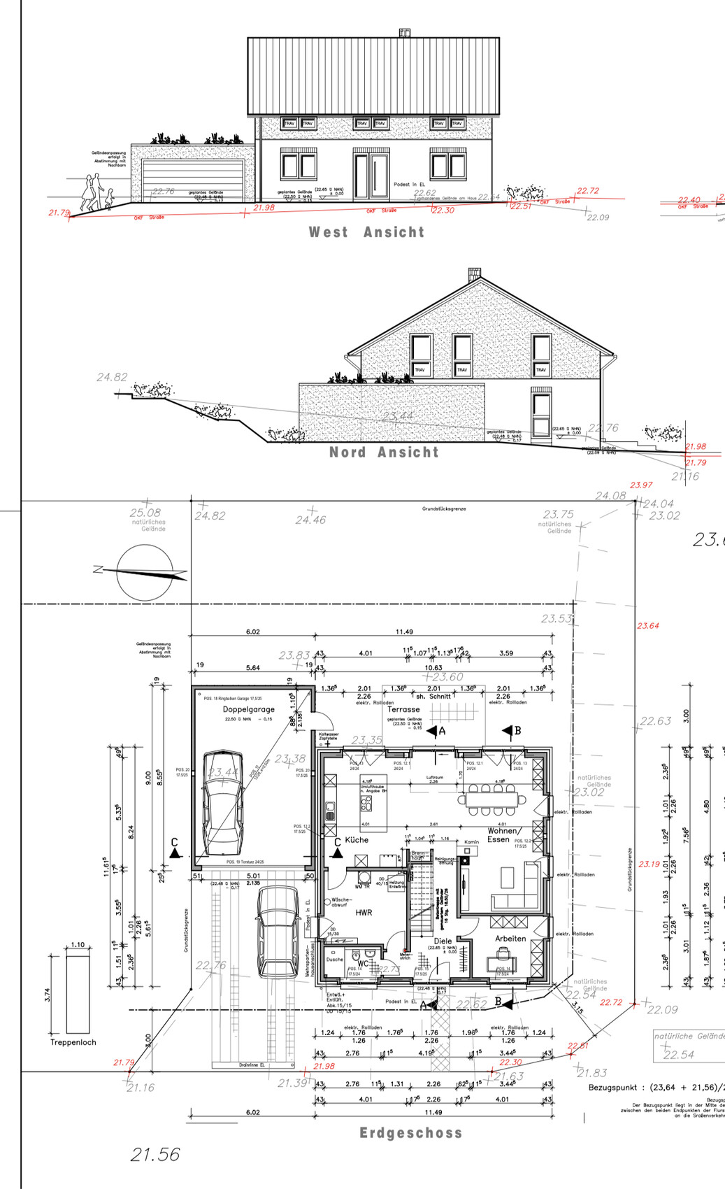 Architectural drawing: West and North elevation, ground floor plan with double garage.