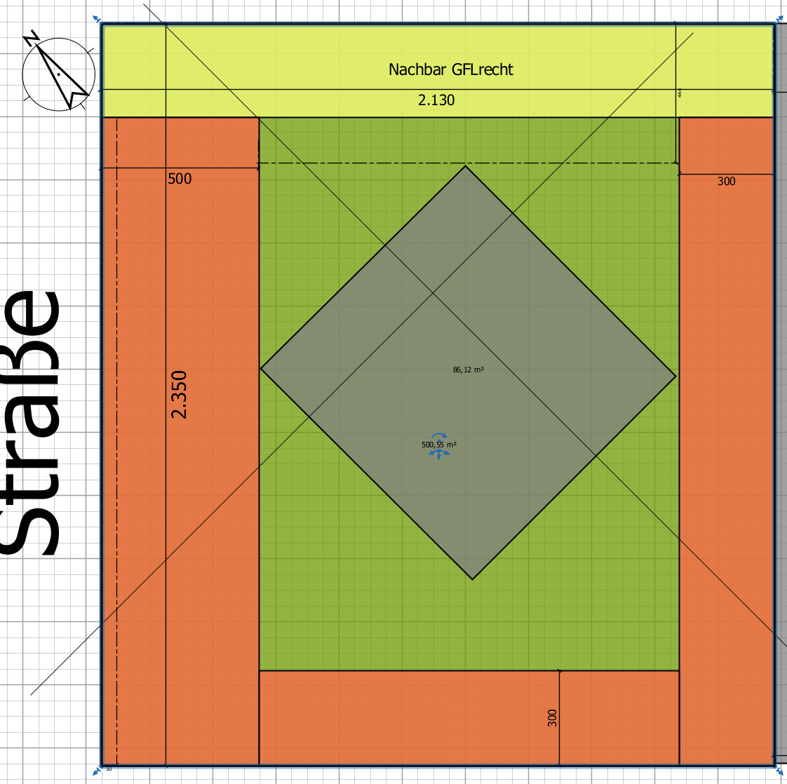 Grundriss eines Grundstücks: grüne Innenfläche mit rotiertem grauem Quadrat, orange Randzonen.